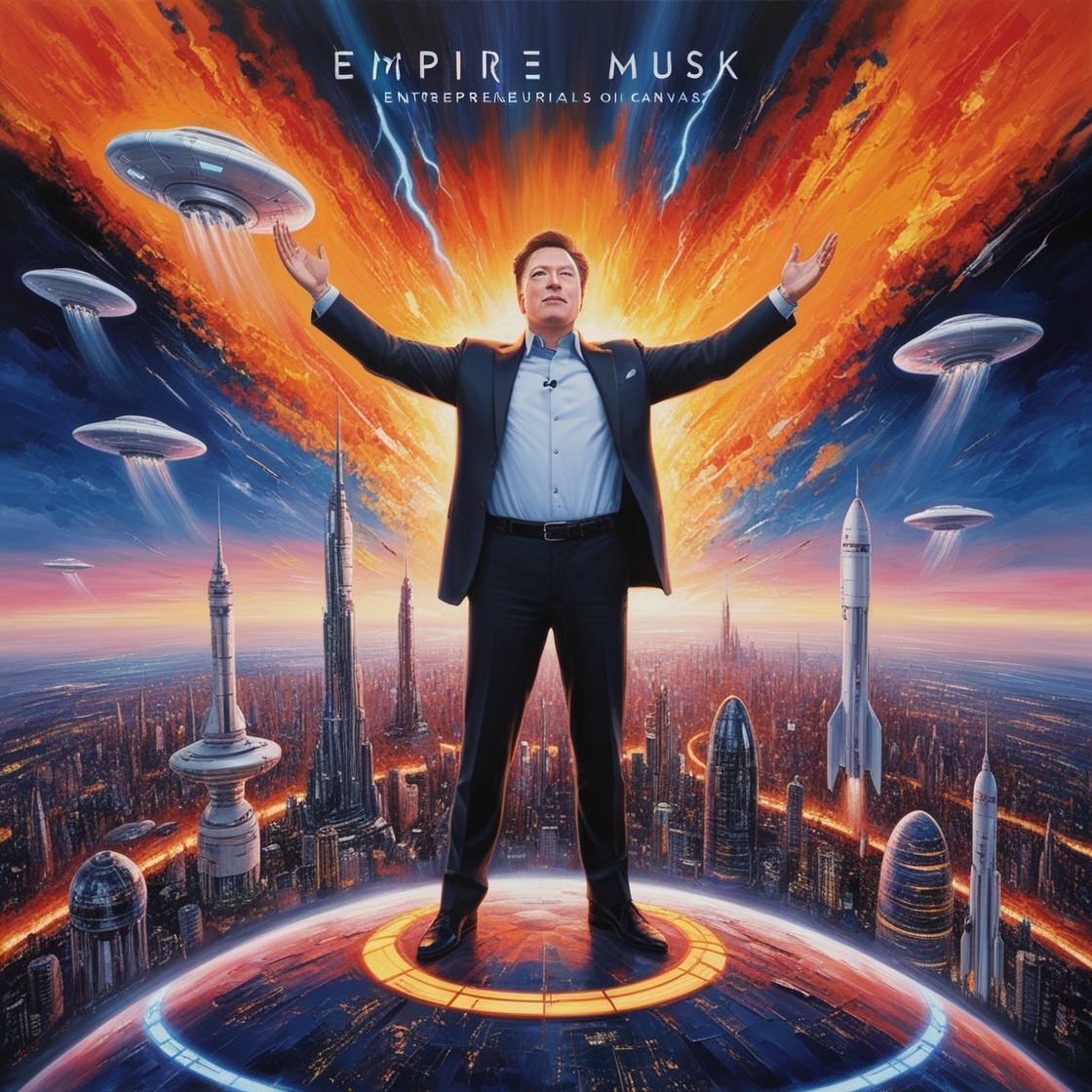 Empire Elon Musk, oil on canvas, depicts the visionary entrepreneur standing triumphantly atop a futuristic, neon-lit metropolis, symbolizing his vast entrepreneurial empire, with sleek skyscrapers and levitating spacecraft surrounding him, amidst a kaleidoscope of colors, dominated by fiery oranges, electric blues, and gold accents, evoking a sense of innovation and limitless possibility, as Musk's determined gaze pierces through the horizon, radiating confidence and an unwavering commitment to pushing humanity's boundaries.