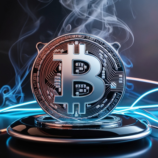 A futuristic, neon-lit Bitcoin icon made of gleaming, chromed metal, surrounded by intricate circuitry and glowing blue wires, resting on a sleek, black glass surface, amidst a subtle, smoke-like aura, evoking a sense of high-tech mystique and cryptic luxury, with hues of electric blue, copper, and silver dominating the palette, while wispy, neon trails fade into the background, echoing the cryptocurrency's ephemeral, digital essence, all bathed in a soft, cinematic glow.
