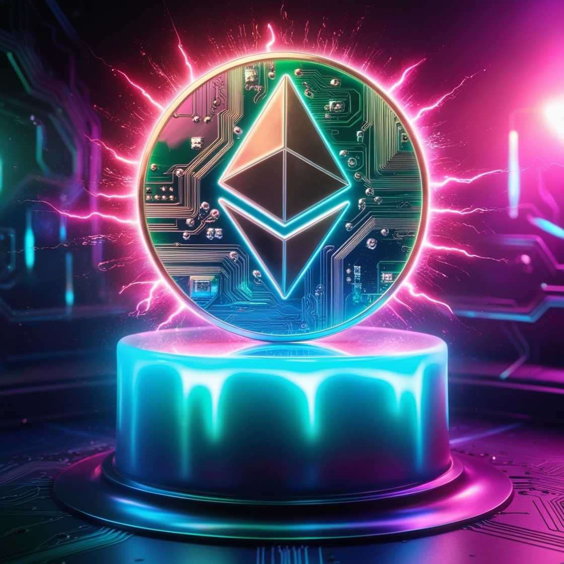 A futuristic, neon-lit, Ethereum token, sculpted from iridescent, motherboard-like materials, sits atop a glowing, electric blue pedestal, radiating an otherworldly aura, as if harboring the secrets of the blockchain universe. The token's surface shimmers with an oil-slick sheen, revealing intricate, circuit-board patterns that seem to pulse with energy. The atmosphere is immersive, with vibrant, electric hues of pink, green, and blue casting an hypnotic glow, evoking a sense of digital mysticism and wonder, transporting the viewer into a world of decentralized magic and infinite possibility.