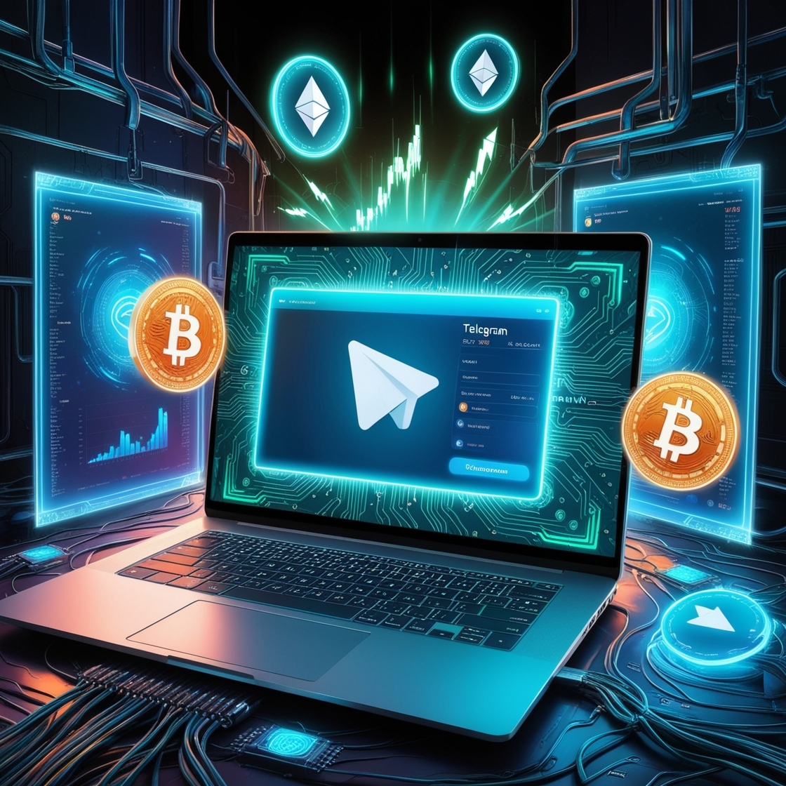 A futuristic, high-tech illustration of a Telegram interface on a sleek, silver laptop, detailed with vibrant neon lights and circuit board patterns, surrounded by holographic screens and wires, exuding a Cinematic, cyberpunk aesthetic. The palette features a mesmerizing blend of electric blues, pulsing greens, and radiant oranges, evoking a sense of innovation and progress. Cryptocurrency symbols and charts hover above the screen, while subtle glitch effects add a touch of modernity, hinting at the limitless possibilities of earning cryptocurrency through Telegram.