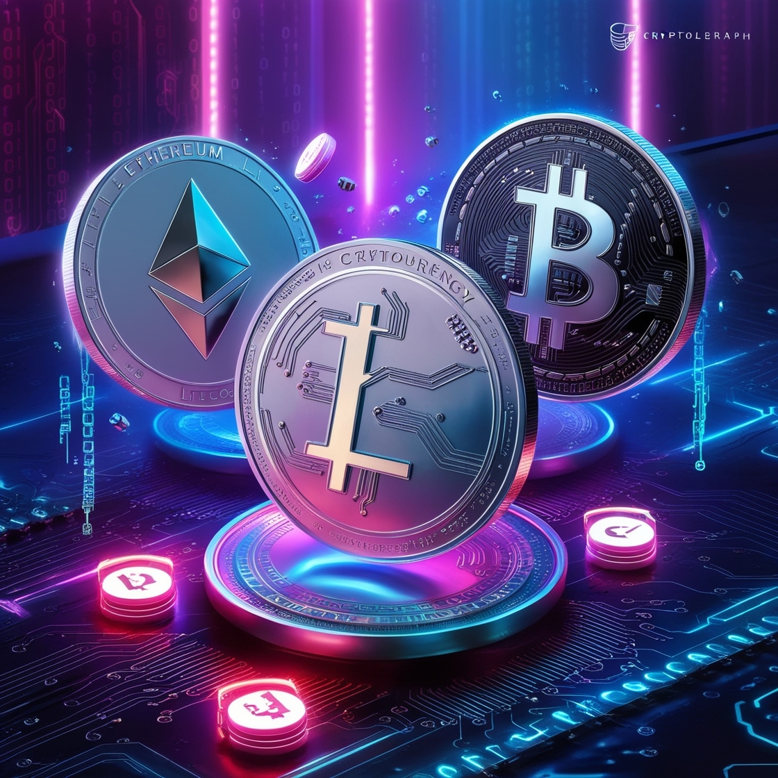 A futuristic digital illustration of cryptocurrency coins, rendered in a mix of 3D modeling and digital painting, depicting popular altcoins such as Ethereum, Litecoin, and Dogecoin, floating amidst a neon-lit, Circuit-board inspired background, with sleek, metallic textures and faint binary code patterns. The aesthetics evoke a sense of high-tech futurism and dynamic energy, with a palette of deep blues, purples, and silvers, illuminated by bright neon accents. Additional details include subtle animations of moving code lines and tiny robotic components surrounding the coins.