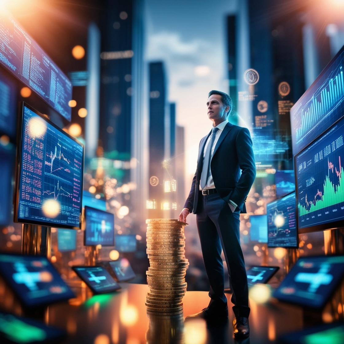 A cinematic photograph of investments in cryptocurrency, taken on medium format film, depicting a sleek, high-tech financial analyst standing amidst a blurred cityscape, surrounded by vibrant screens and data projections, exuding a sense of futurism and innovation, with warm golden lighting, deep blues, and neon greens dominating the color palette, accentuating the excitement and volatility of the cryptocurrency market, complete with subtle lens flares and a shallow depth of field to evoke a sense of sophistication and cutting-edge technology.
