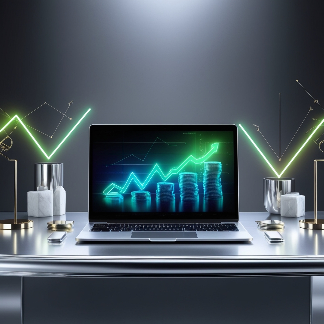 a cinematic photo of a laptop open on a sleek, silver desk, surrounded by minimalist, modern decorations, showcasing a stunning visual representation of earning money on cryptocurrency without investments, with neon green and blue lines and charts illuminating the screen, as if the money is growing before one's eyes, set against a dark, gradient background that evokes innovation and futurism, with subtle, golden accents hinting at success and luxury, conveying a sense of excitement and limitless possibilities.