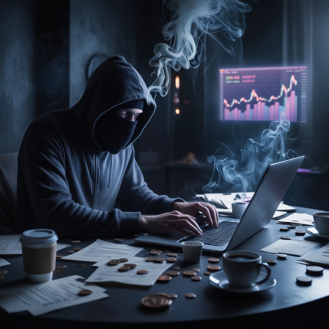 a moody, cinematic photograph depicting a dimly lit, smoke-filled room with a sense of unease, capturing the illegal underworld of cryptocurrency scam fraud, featuring a hooded figure hunched over a laptop, surrounded by scattered papers, empty coffee cups, and cryptic notes, with a faint glow of cryptocurrency charts on the screen, set against a dark, muted color palette with shades of gray, blue, and purple, evoking a sense of mystery and deception, with a shallow depth of field, focusing on the figure's hands as they frantically type away, while the surrounding environment is blurred, conveying a sense of urgency and secrecy, with subtle film grain and subtle lens flares adding to the cinematic feel.