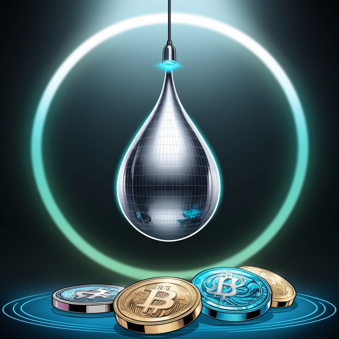 A futuristic, high-tech illustration of a cryptocurrency airdrop, with a sleek, metallic drop shape suspended in mid-air, surrounded by a halo of soft, blue-green lights that gradate to a dark, mysterious background, evoking a sense of innovation and cutting-edge technology. The drop's surface is reflective, with a subtle grid pattern etched into its surface, and a tiny, glowing LED light at its apex, pulsing with a soft, electric blue rhythm. In the foreground, a few cryptocurrency coins or tokens are scattered, with intricate, swirling patterns and logos that shimmer and glimmer with a metallic sheen, in a palette of deep blues, silvers, and golds. The overall style is stylized, modern, and minimalist, with clean lines, simple shapes, and a focus on negative space, evoking a sense of sophistication and elegance.