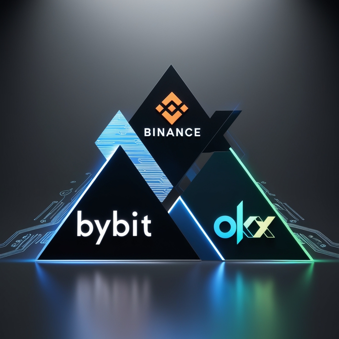 A futuristic digital artwork featuring three prominent cryptocurrency exchange platforms, Binance, Bybit, and OKX, prominently displayed in a stylized, high-contrast composition. The logo of each exchange is showcased in its respective brand color scheme, with Binance's orange and blue, Bybit's blue and white, and OKX's blue and green, against a sleek, dark gray or black background. The logos are arranged in a harmonious triangular formation, with bold, modern fonts and clean lines, evoking a sense of technological advancement and innovation. The overall aesthetic is cutting-edge, with a focus on simplicity and legibility, ideal for a digital or print advertisement. The image may include subtle, futuristic design elements, such as circuit board patterns, neon lights, or holographic effects, to reinforce the theme of cryptocurrency and digital finance.