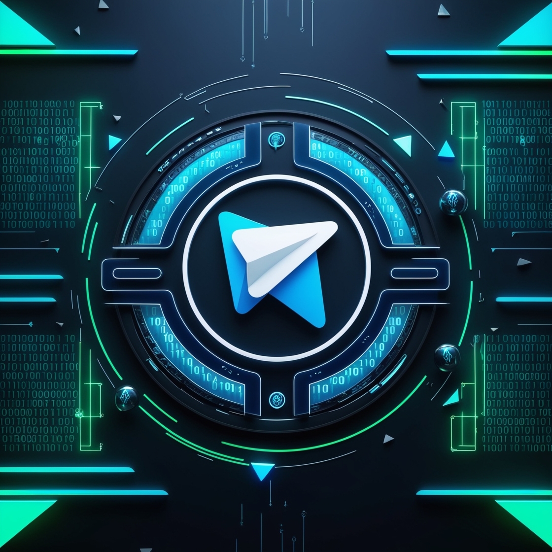 A futuristic, high-tech illustration of a cryptocurrency concept, set against a dark blue background with neon blue and green hues, featuring the Telegram logo prominently in the center, rendered in a sleek, modern 3D style with bold lines and geometric shapes. The logo is surrounded by swirling patterns of binary code, cryptic symbols, and abstract representations of blockchain technology. A subtle grid of rectangles and triangles forms the background, evoking a sense of digital networks and encryption. The overall aesthetic is dark, moody, and futuristic, with a focus on clean lines, minimal textures, and vibrant, glowing accents. The Telegram logo is the main focal point, with its distinctive blue and white color scheme standing out against the darker tones of the background.