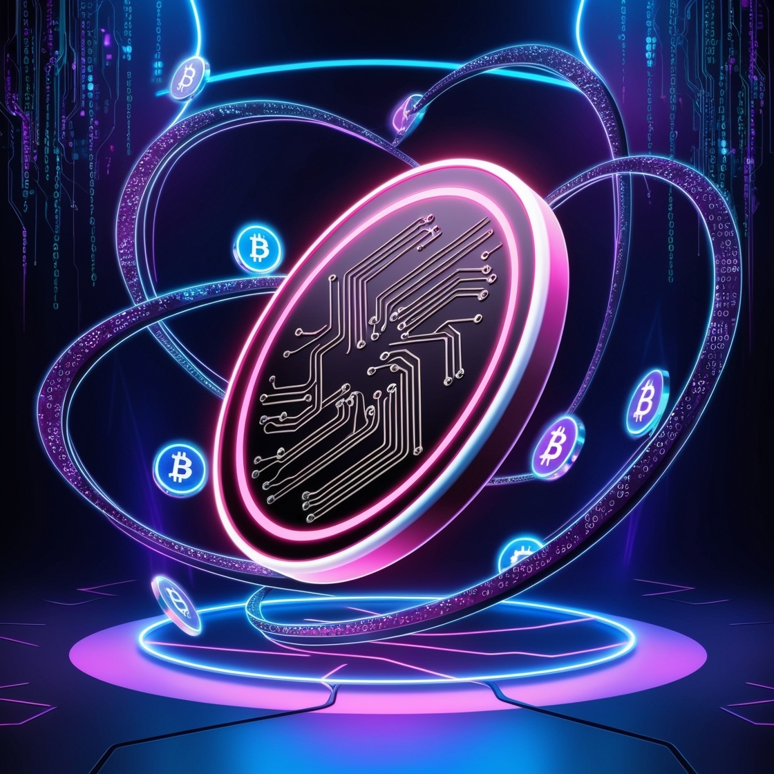 A futuristic, high-tech illustration of a cryptocurrency concept, featuring a stylized, glowing coin with a circuit board pattern on its surface, surrounded by swirling lines of code and tiny, shimmering cryptocurrency symbols, set against a dark, neon-lit background with hints of blue and purple, evoking a sense of innovation and financial freedom, with bold, vibrant colors and sleek, modern lines, and a sense of depth and dimensionality achieved through clever use of light and shadow.