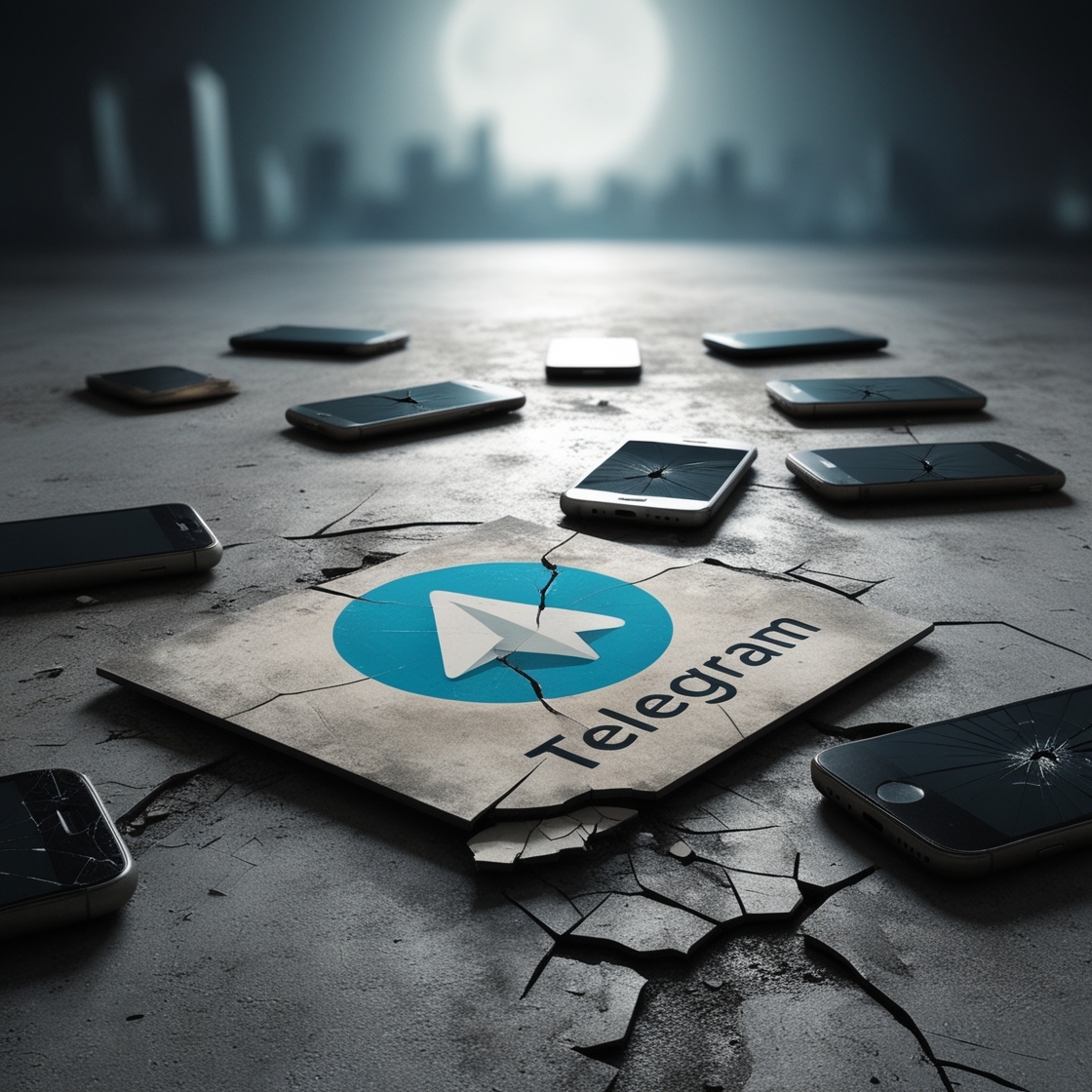 A worn-out, faded Telegram logo lies cracked and broken on a worn, gray concrete floor, surrounded by dusty, forgotten smartphones with cracked screens, symbolizing the decline of the once-popular messaging app, with a blurred, melancholic cityscape in the background, illuminated by a faint, gloomy moonlight, with dark shadows cast across the entire scene, conveying a sense of abandonment and neglect, and a subtle, eerie atmosphere of lost relevance.