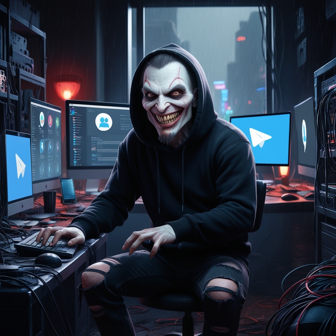 A sly-looking scammer sitting in a dark, dimly lit room, surrounded by multiple screens and devices, with a Telegram logo visible on one of the screens, wearing a black hoodie and a pair of torn jeans, with a wicked grin spreading across their pale, gaunt face, featuring a pointed nose, piercing brown eyes, and a few days' worth of stubble, with a hint of mischief in their gaze, as they typing away on their keyboard, amidst a cluttered and messy workspace, with cables and wires tangled all over the place, and a cityscape visible through the window in the background, with a faint glow of neon lights reflecting off the rainy streets.