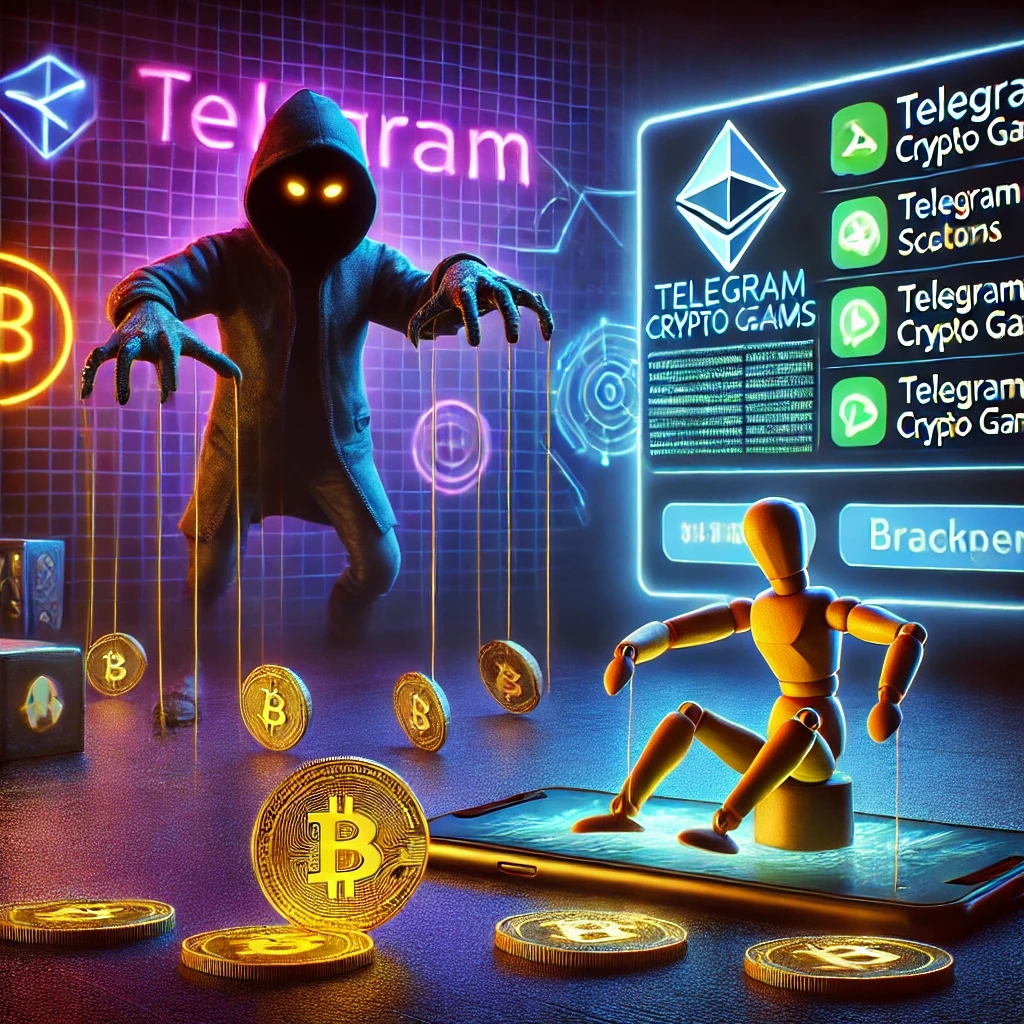 An artistic representation of cryptocurrency scams in gaming, focusing on Telegram crypto games. The image shows a shadowy figure controlling a puppet-like game character, with glowing cryptocurrency coins scattered on the floor. A cyberpunk aesthetic with a dark background and neon accents to emphasize technology and deception. Elements like warning signs and blockchain motifs subtly integrated into the scene.