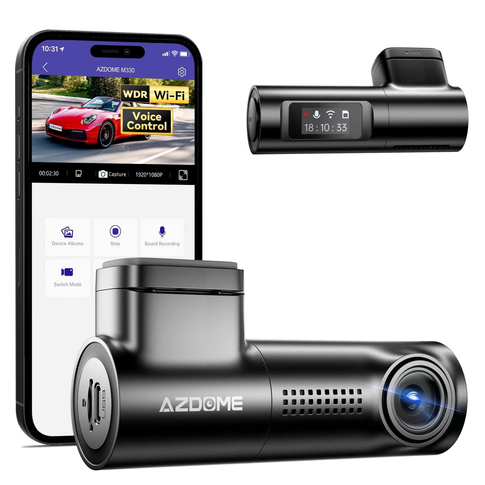 AZDOME M330 WiFi Dash Cam with AZDOME 128GB TF Card and 3-Lead USB C  Hardwire Kit (JYX05)