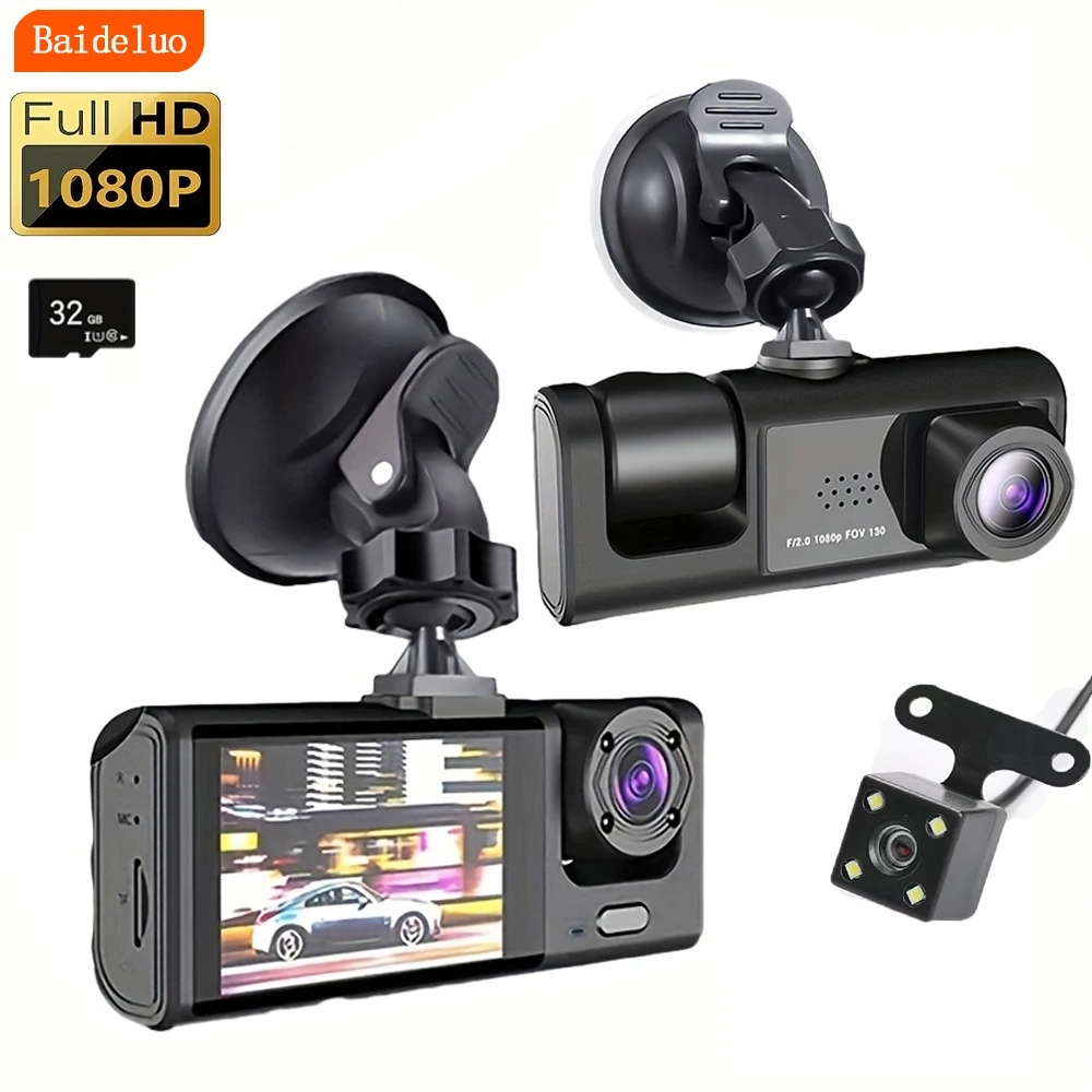 Dash Cam W/ IR Night Vision Loop Recording & 2" IPS Screen 1080P 3 Camera ，  DVR recorder, video recorder, Vehicle DVR