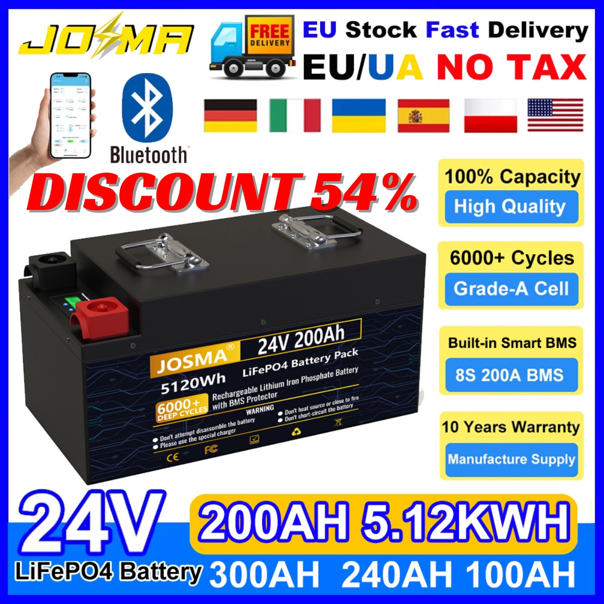 LiFePO4 24V 200Ah 5Kwh Battery Pack 6000+ Cycles Bluetooth BMS Grade A 12V  100Ah 140Ah 300Ah Lithium Home Battery EU UA Tax Free | by Gift Card | Jul,  2024 | Medium