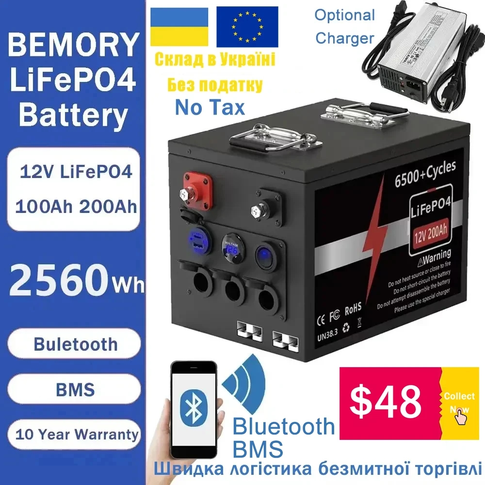 LiFePO4 12V 24V 100Ah 200Ah Bluetooth BMS 6500+ Cycles LiFePO4 Battery  12.8V Pack Lithium Battery QC3.0 PD EU Ukraine No Tax