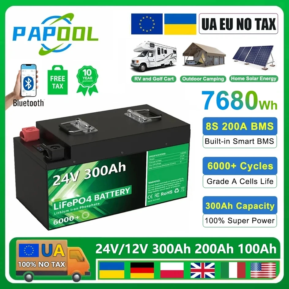 LiFePO4 24V 300Ah 200Ah 12V 100Ah 140Ah Battery Pack 25.6V 7680Wh Grade A  6000+ Cycles RV Golf Cart Boat Solar Battery EU NO TAX