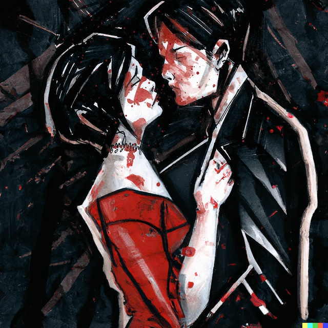 r/MyChemicalRomance - The prompt I used was "Side profile of a woman and a man dressed in wedding attire covered in red paint (blood is censored) leaning in for a kiss, drawn in the style of Gerard Way"