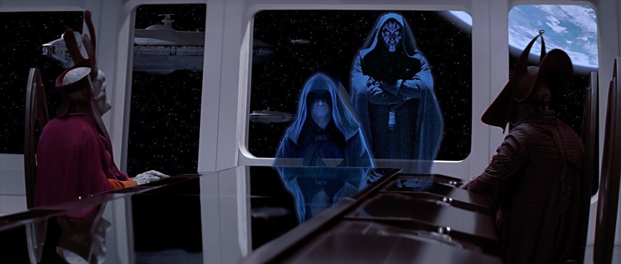 Holograms of Palpatine and Darth Maul speaking to Trade Federation leadership at a conference table.