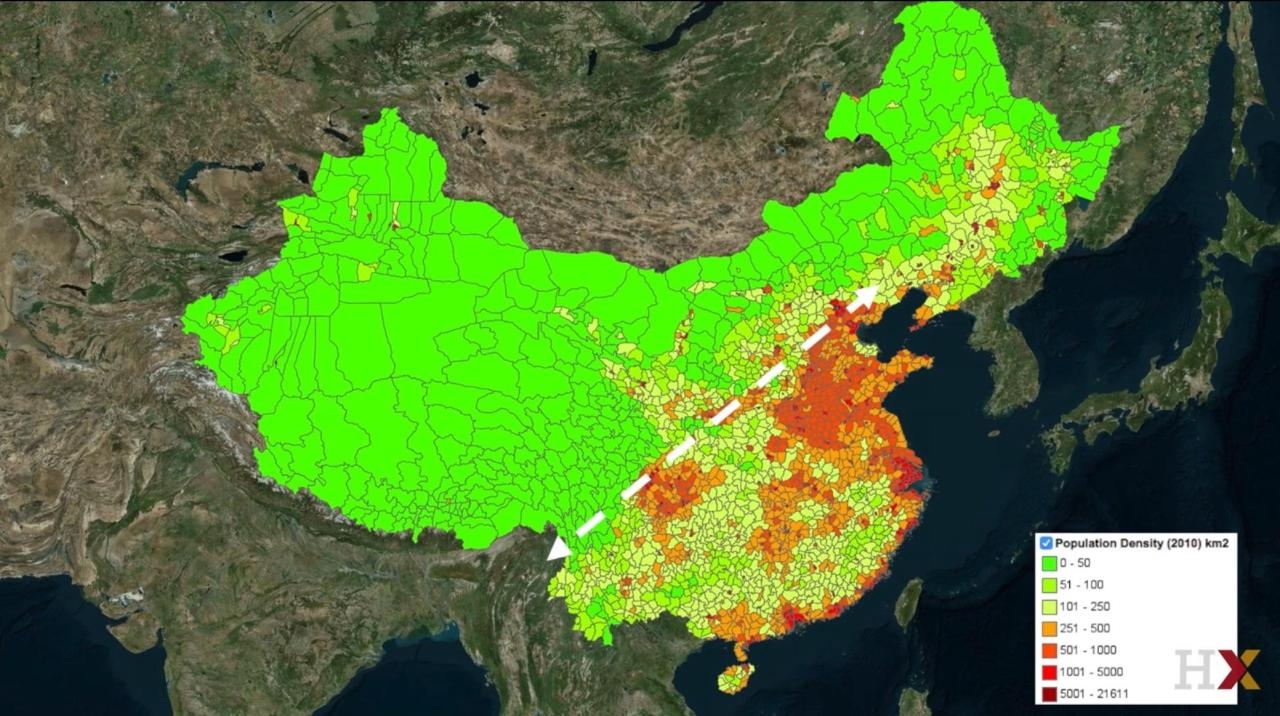 Population density of China. 90% of the population lives below the white arrow