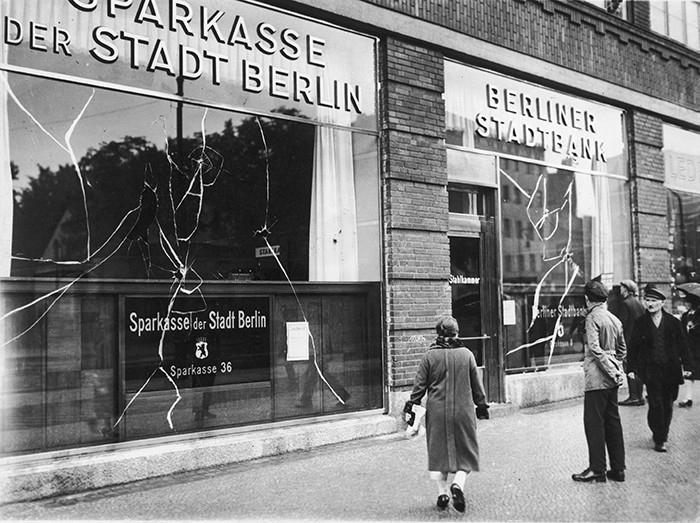 Broken windows at a bank on Weddingplatz, Berlin, the day after violent clashes between police and demonstrators, 11th June 1931. (Photo by FPG/Archive Photos/Getty Images)