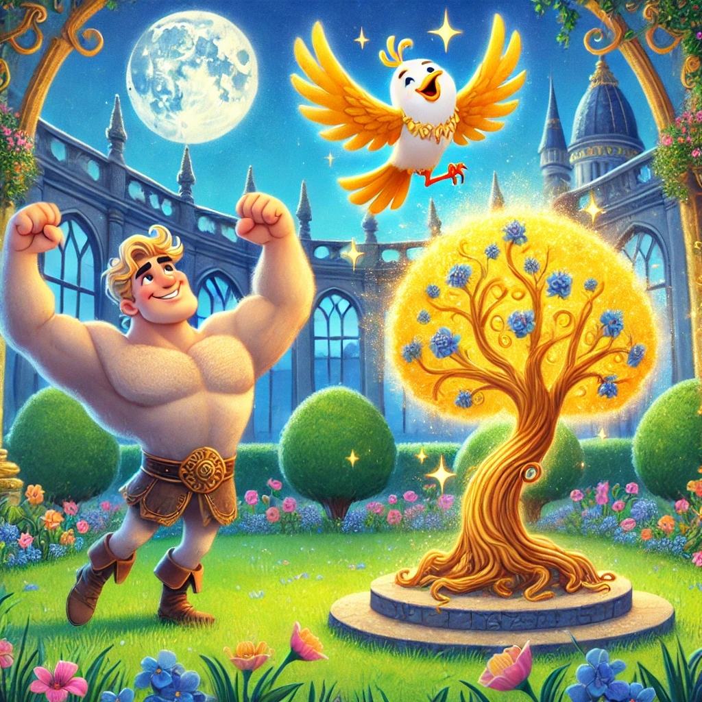 A magical and colorful children's storybook illustration showing two brothers in a royal garden. One brother, a giant with strong arms, is turning into a friendly stone statue next to a glowing golden tree. The other brother is transforming into a cheerful, cartoon-like bird with a long beak flying above. The garden is vibrant, filled with flowers and soft grass under the moonlight, creating a whimsical and dreamy atmosphere. The scene feels enchanting and suitable for children, with playful, fantastical elements.