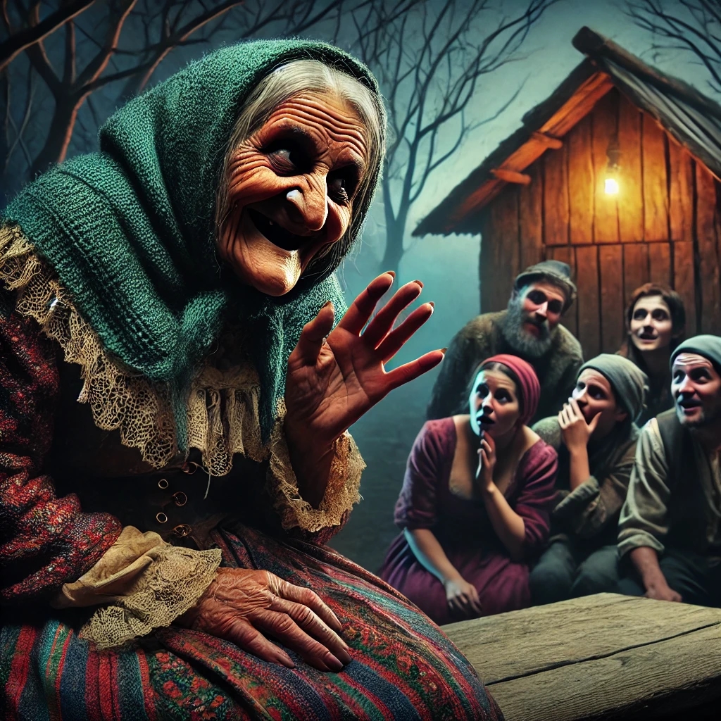 An old, mischievous woman with a cunning smile sitting on a wooden bench in a village, gossiping and spreading rumors. Around her, villagers look upset and whisper to each other. In the background, a spooky forest with a small mysterious hut. The atmosphere is eerie, hinting at an upcoming transformation. The old woman appears greedy and mean, wearing tattered yet colorful clothes.