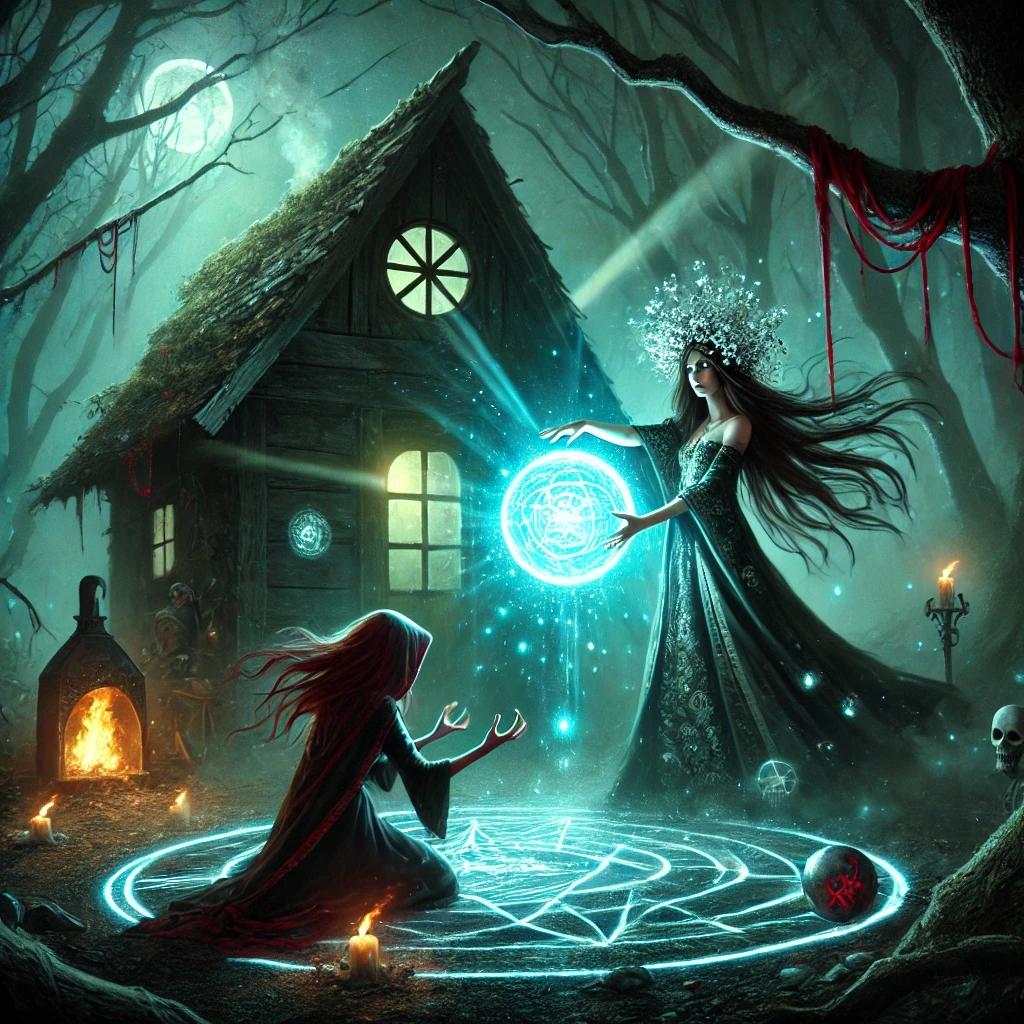 A dark forest at night, with a small, eerie hut emitting greenish light from the windows. In front of the hut, a powerful scene unfolds: a young sorceress, Miroslava, with long hair and a crown of silver lilies, holds a glowing blue orb, casting radiant light. Across from her, Valka the witch, with fiery red hair, emerald eyes, and a twisted expression, is on her knees, dark energy dissipating from her hands. The ground is littered with broken mirrors and red threads. The atmosphere is tense and magical, with beams of moonlight piercing through the trees, highlighting the struggle between light and darkness.