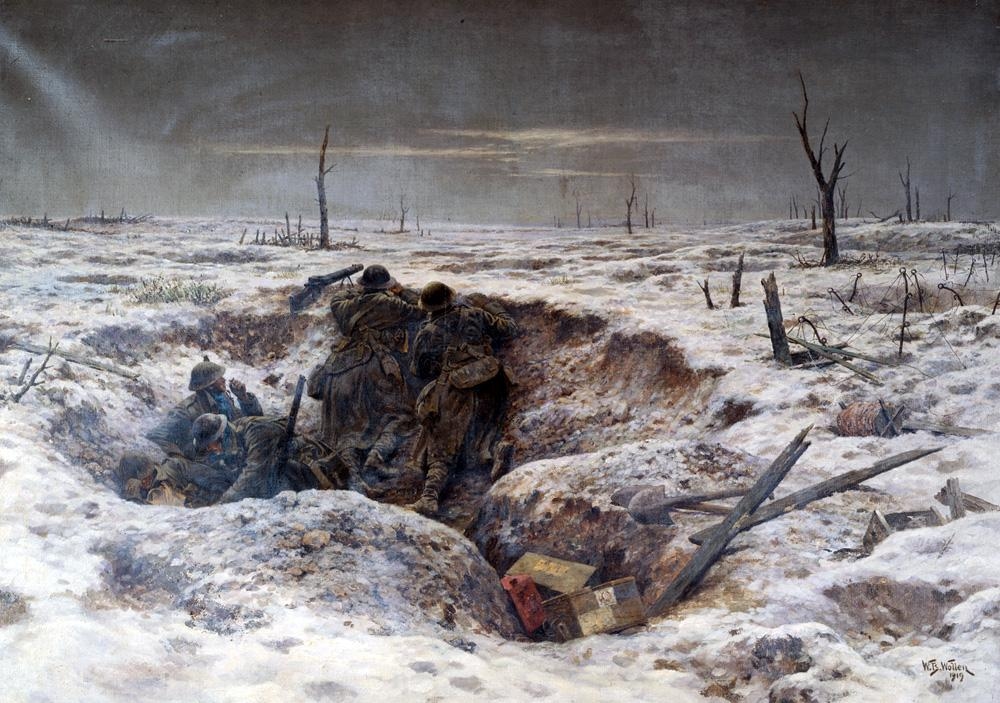 William B Wollen, Observation Post. Сцена з бойових буднів Новозеландської дивізії під Пашендейлом взимку 1917/18. З листопада 1917 по лютий 1918, у “спокійний” період, дивізія втратила 3000 солдат, з яких 600 вбитими і 700 госпіталізованими з “траншейною стопою”.
