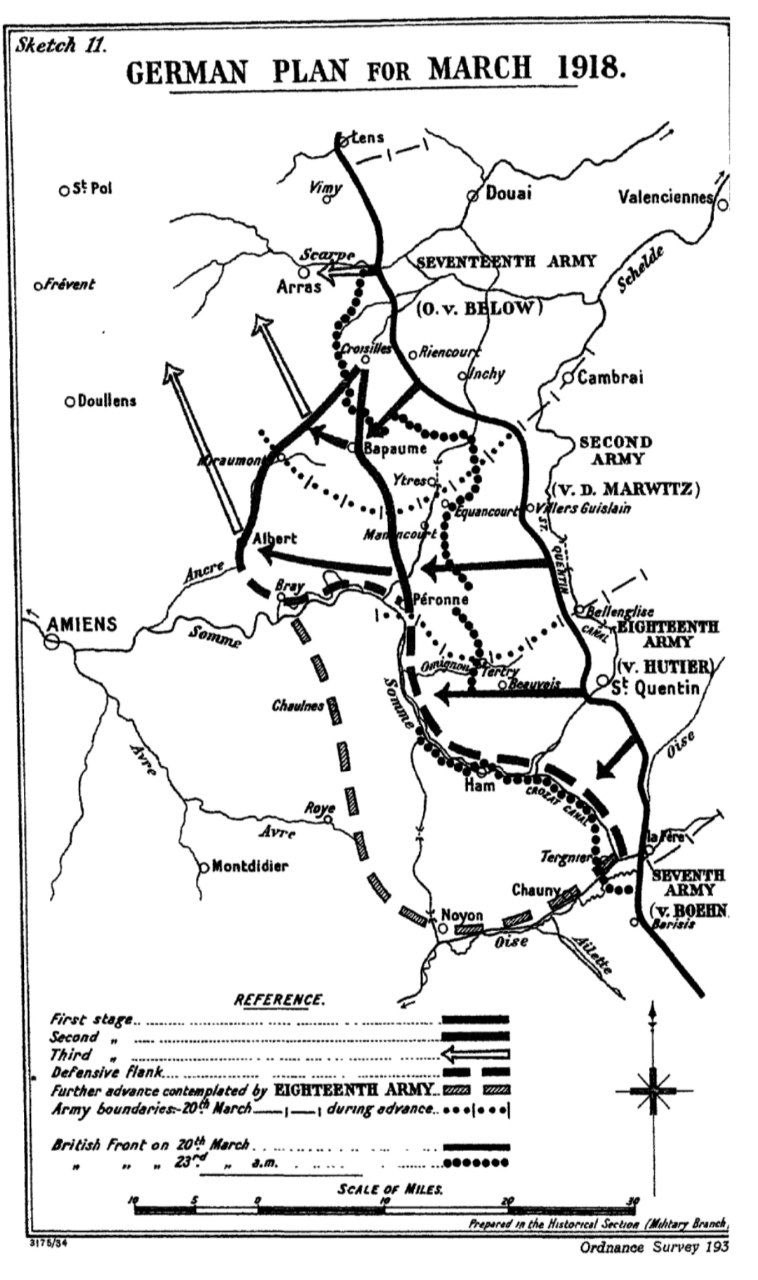 Концепт операції “Міхаель”. Карта з книги James Edmonds “Military Operations: France and Belgium, The German March Offensive and its Preliminaries”
