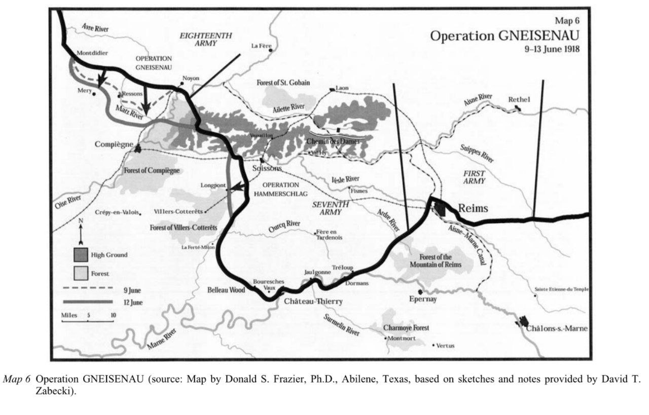 Операція “Гнейзенау”, карта з книги David T. Zabecki, “The German 1918 Offensives: A Case Study in The Operational Level of War”