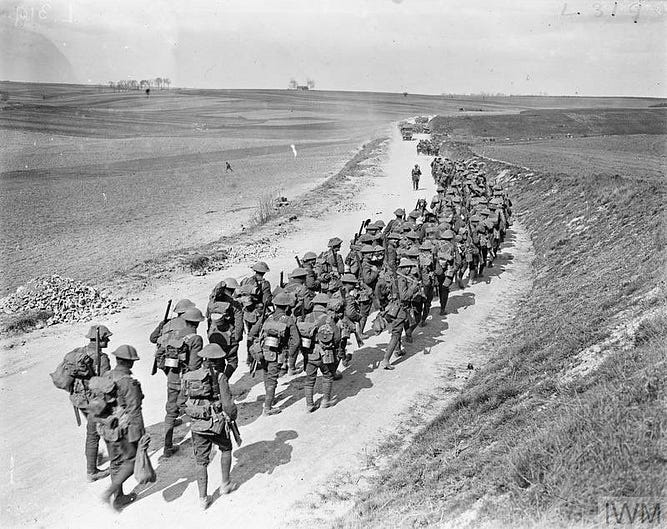 Marching toward an uncertain future — British infantry moving forward near Mailly-Maillet to meet the German advance, 26 March 1918