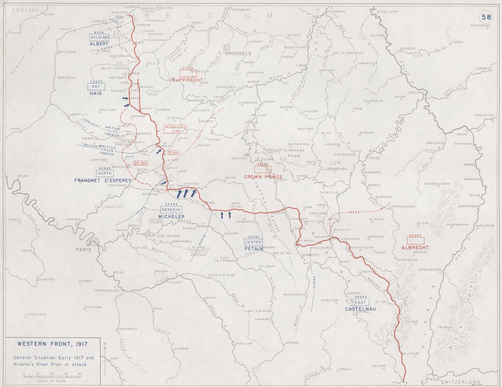 Західний фронт навесні 1917 та напрямки ударів Антанти.