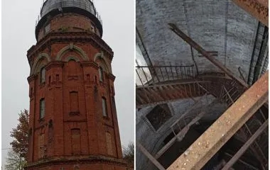 May be an image of fire tower, silo, tower, water tower and text