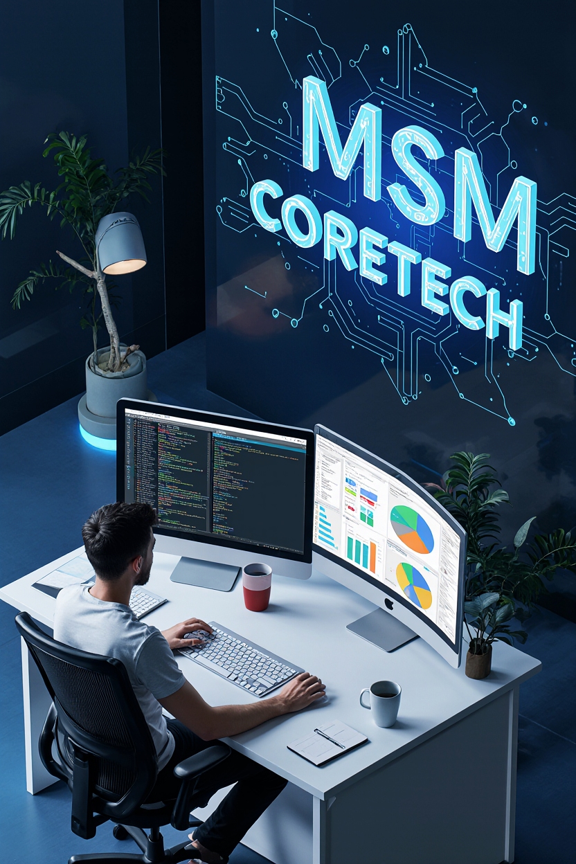 "A realistic office setting showing a skilled software engineer working on backend development at a modern workstation. Multiple monitors display backend code, system architecture diagrams, and server analytics dashboards. The environment includes real-world elements like notebooks, coffee mugs, and ambient lighting. In the background, a glass wall or digital screen displays the project name 'MSM CoreTech' in a stylish, illuminated tech-style font. The scene should look natural yet polished, conveying professionalism, innovation, and reliability. Emphasize backend concepts like APIs, databases, and cloud integration in subtle but visible ways."