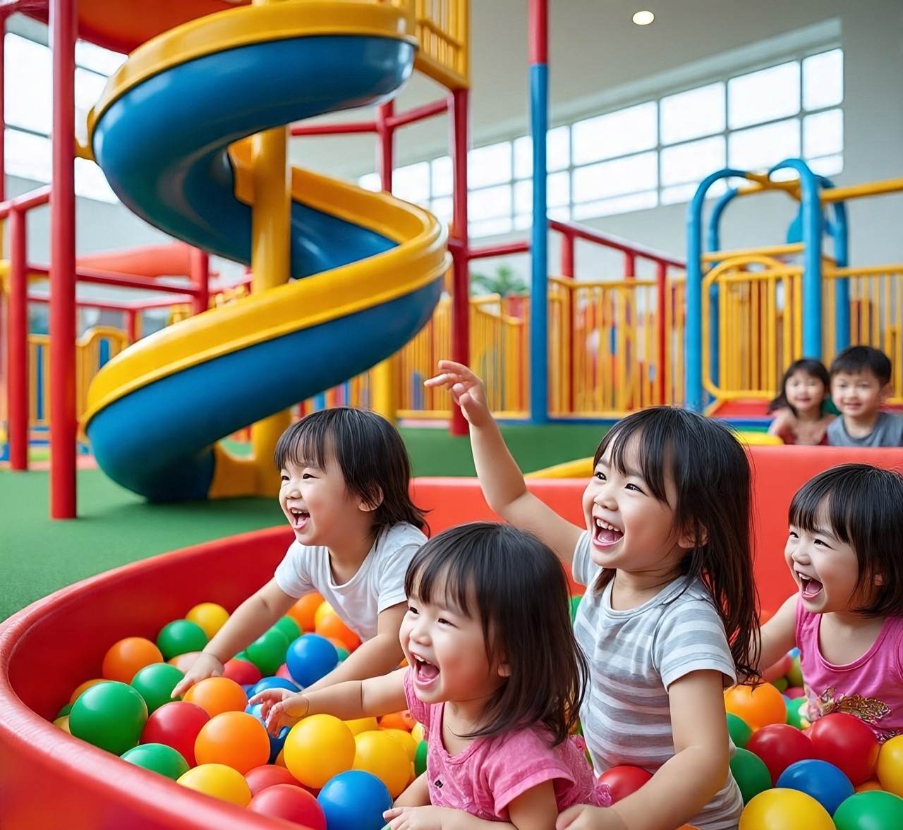 Bright and colorful view of Kidodo Space indoor playground in Suntec City with slides, ball pit, and play structures.