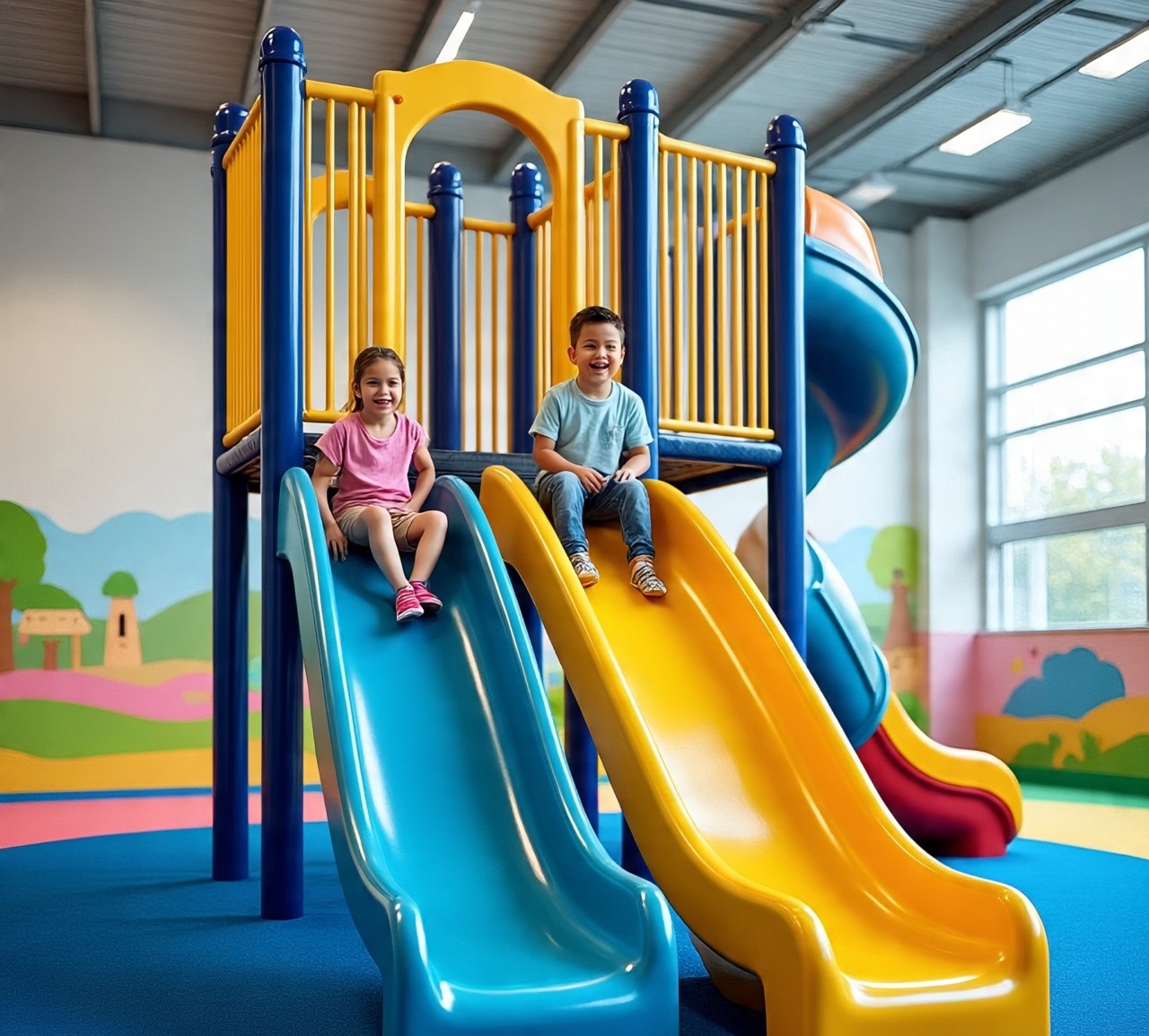 Tall enclosed spiral slide inside Kidodo Space with children climbing stairs and sliding down safely.