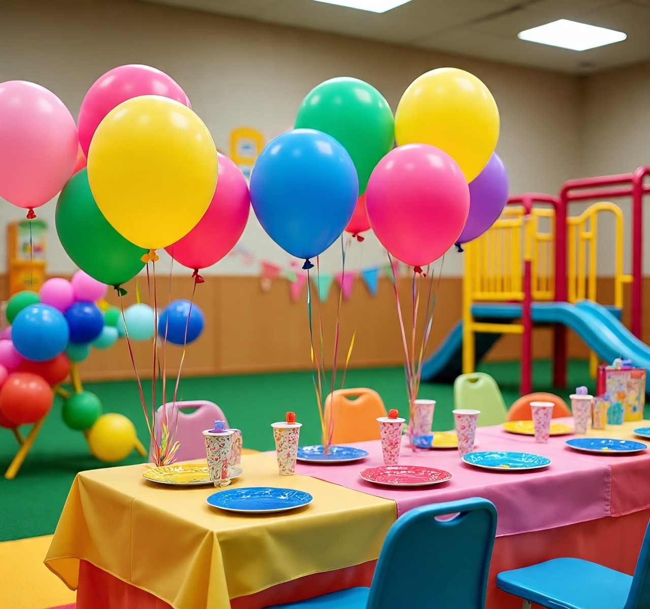 Birthday party setup inside Kidodo Space with balloons, themed decorations, and a play area in the background.