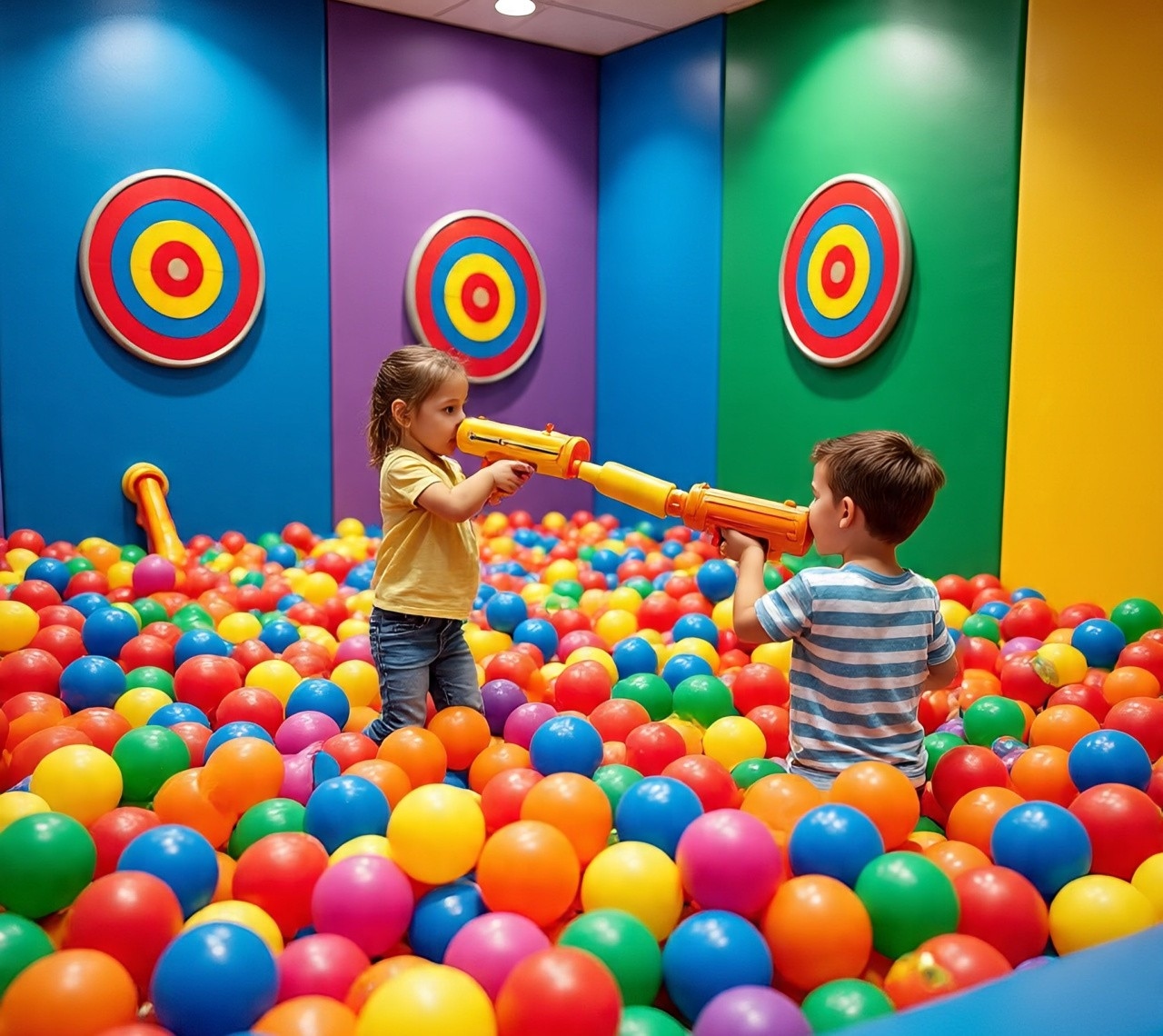 Indoor playground ball pit with colorful balls, air blasters, and kids aiming at targets.