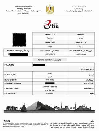 Egypt eVisa document for a Japanese traveller