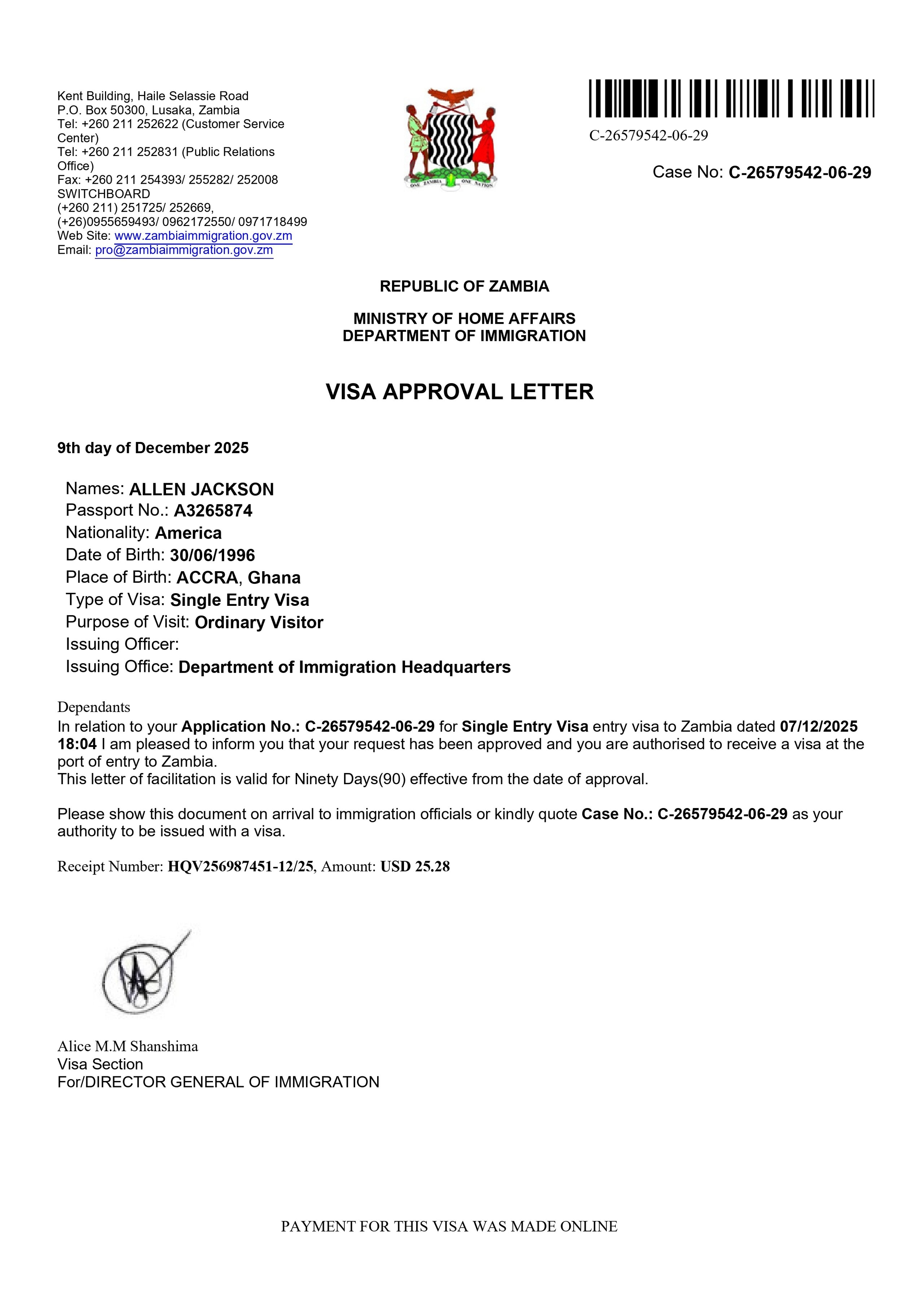Zambia electronic visa approval