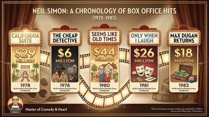 Інфографіка касових зборів фільмів сценариста Ніла Саймона у період із 1978 по 1983 рік