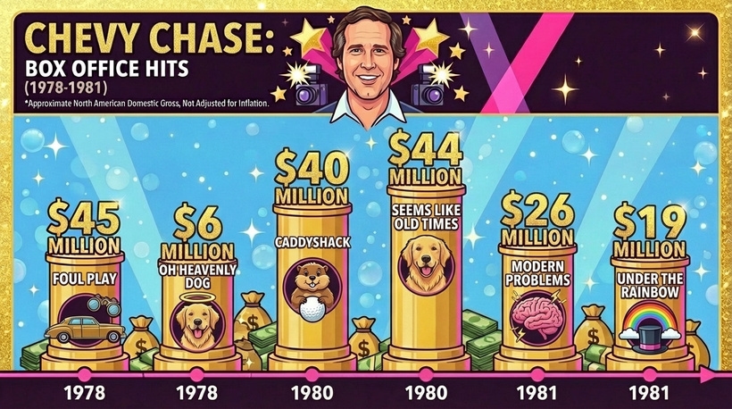 Інфографіка касових зборів фільмів Чеві Чейза у період із 1978 по 1981 рік