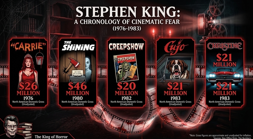Інфографіка касових зборів фільмів по сценаріям Стівена Кінга у період із 1976 по 1983 рік