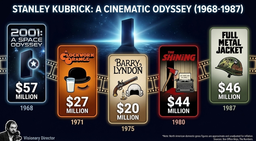Інфографіка касових зборів фільмів Стенлі Кубрика у період із 1968 по 1987 рік