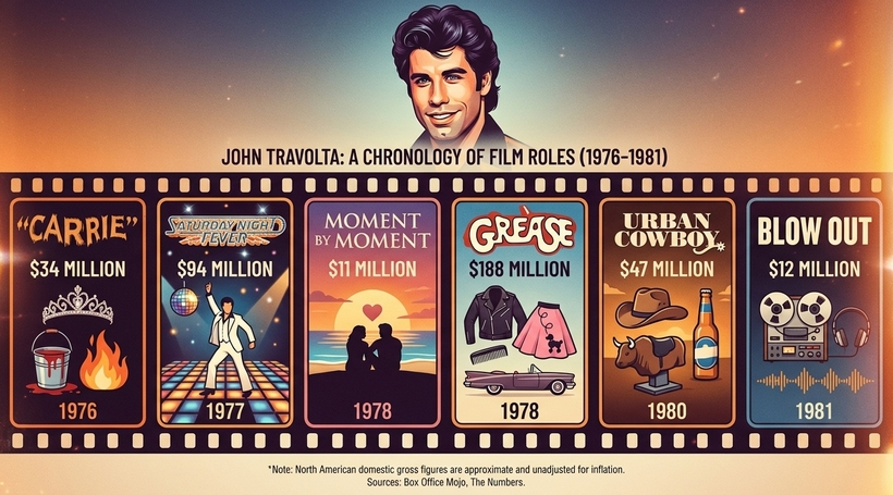 Інфографіка касових зборів фільмів Джона Траволти у період із 1976 по 1981 рік