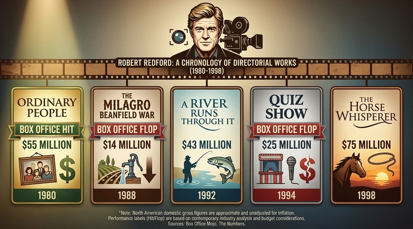 Інфографіка касових зборів фільмів режисера Роберта Редфорда у період із 1980 по 1998 рік