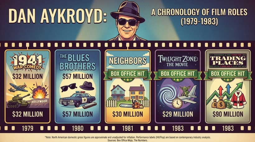 Інфографіка касових зборів головних фільмів Дена Екройда у період із 1979 по 1983 рік