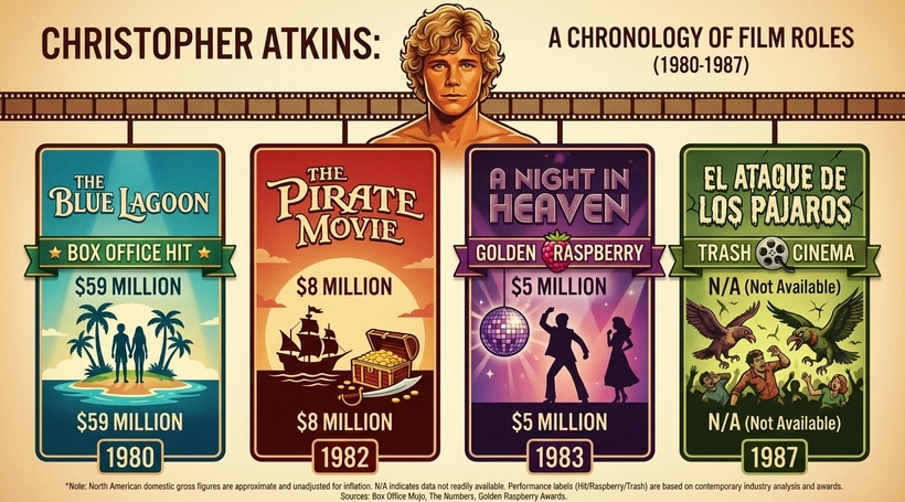 Інфографіка касових зборів фільмів Крістофера Аткінса у період із 1980 по 1987 рік