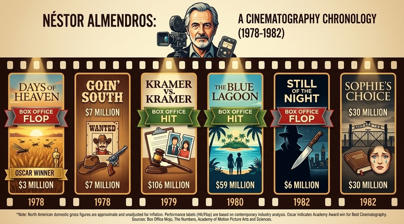 Інфографіка касових зборів фільмів оператора Нестора Альмендроса у період із 1978 по 1982 рік
