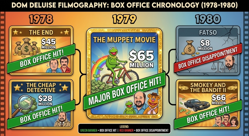 Інфографіка касових зборів фільмів Дома ДеЛуїса у період із 1978 по 1980 рік